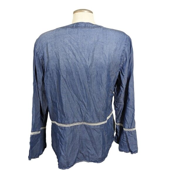Womens XL Chambray Top Lagenlook Blouse Boho Blue Flare Sleeve Lyocell Casual - Picture 5 of 7